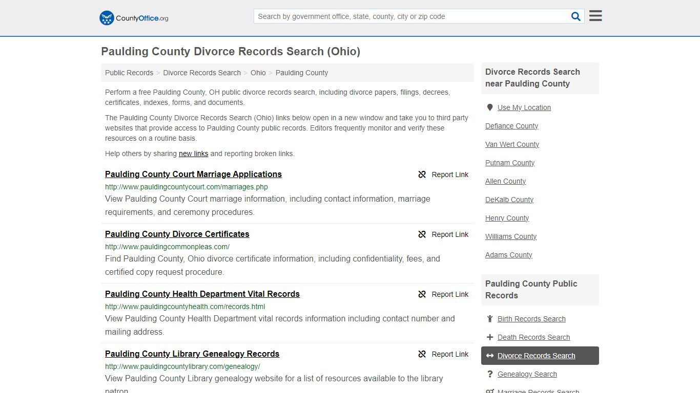 Paulding County Divorce Records Search (Ohio) - County Office