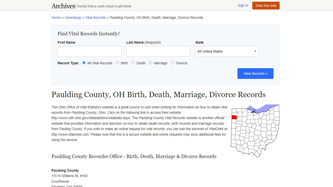 Paulding County, OH Birth, Death, Marriage, Divorce Records